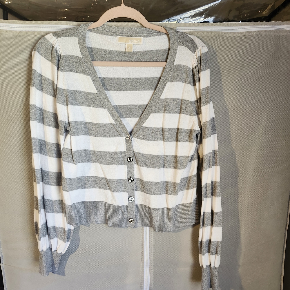 Michael Kors Gray and White Striped Cardigan